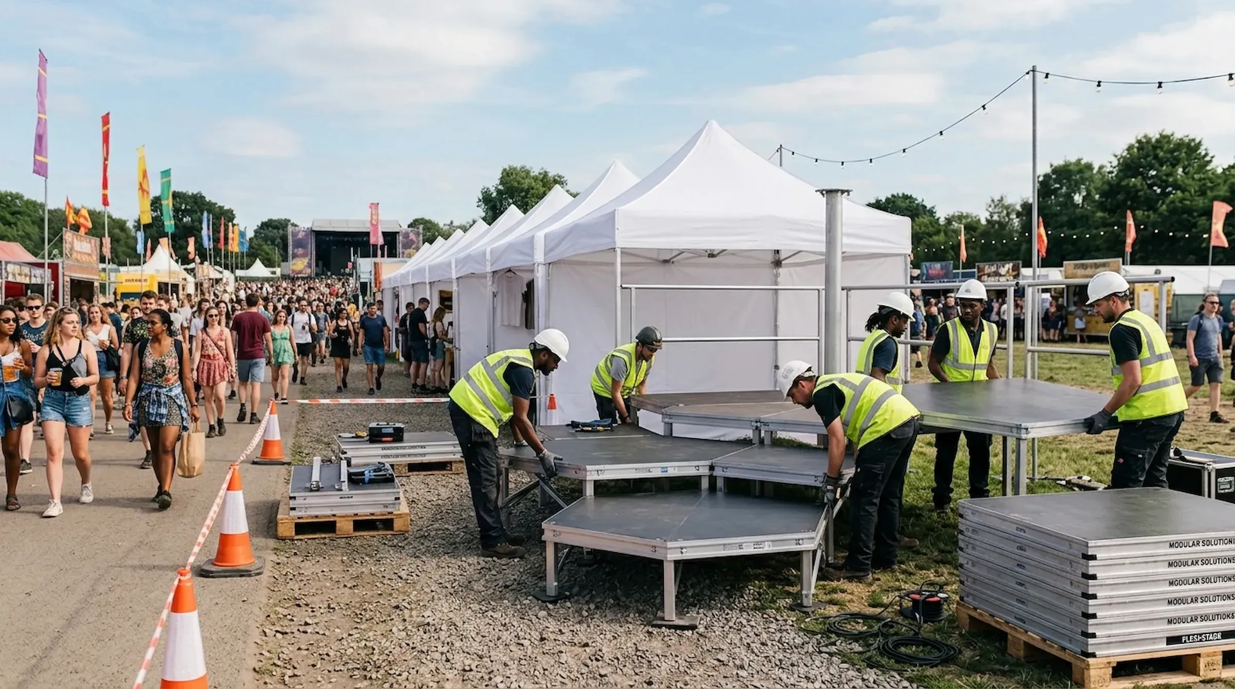 A festival build part way through, a crew in hi-vis and hard hats laying modular stage decks square by square on gravel beside a line of white marquees, spare decks stacked on pallets while the crowd walks past on the path behind