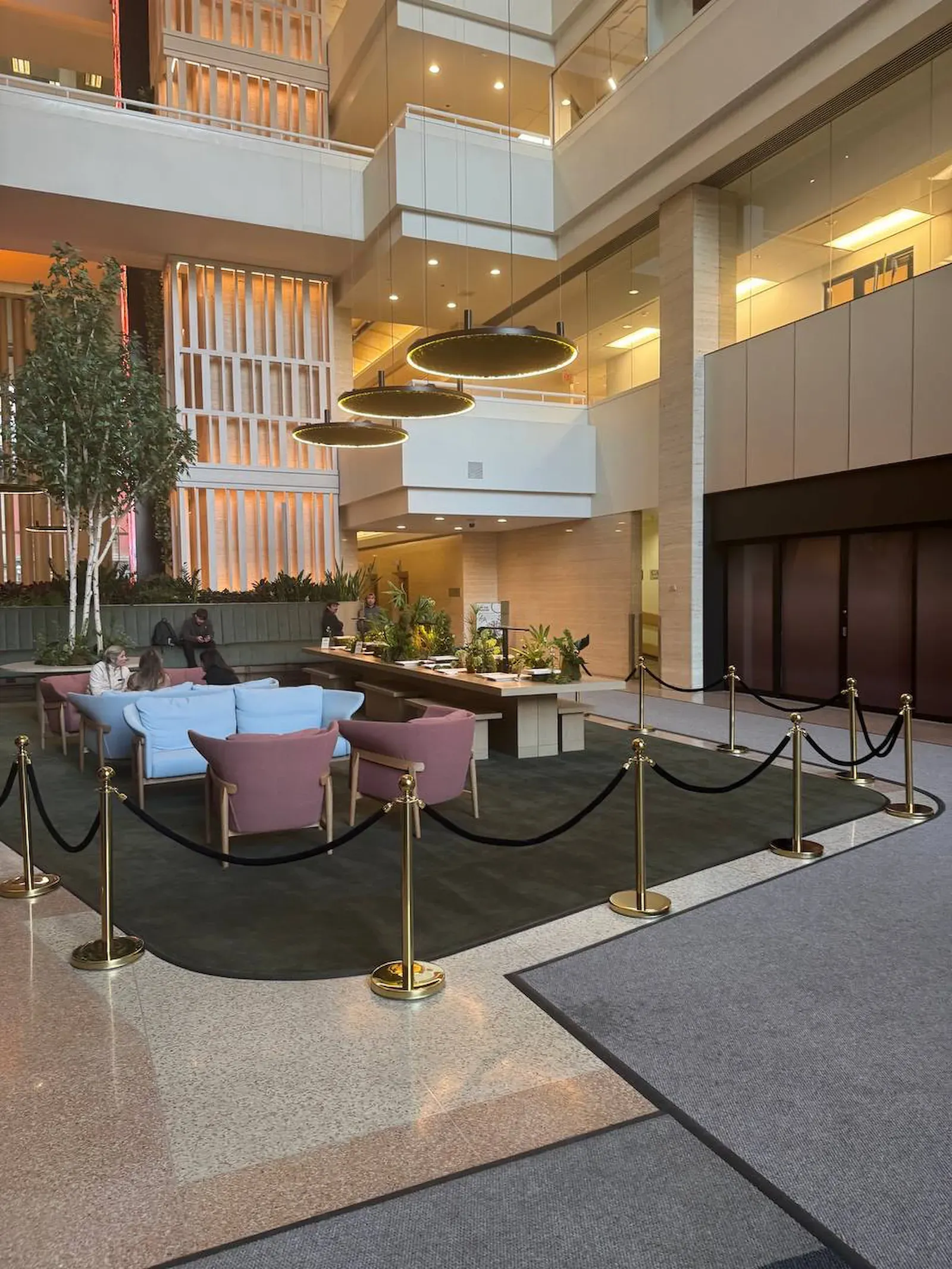 Gold posts carrying black ropes curving around a seating area in a double-height corporate lobby