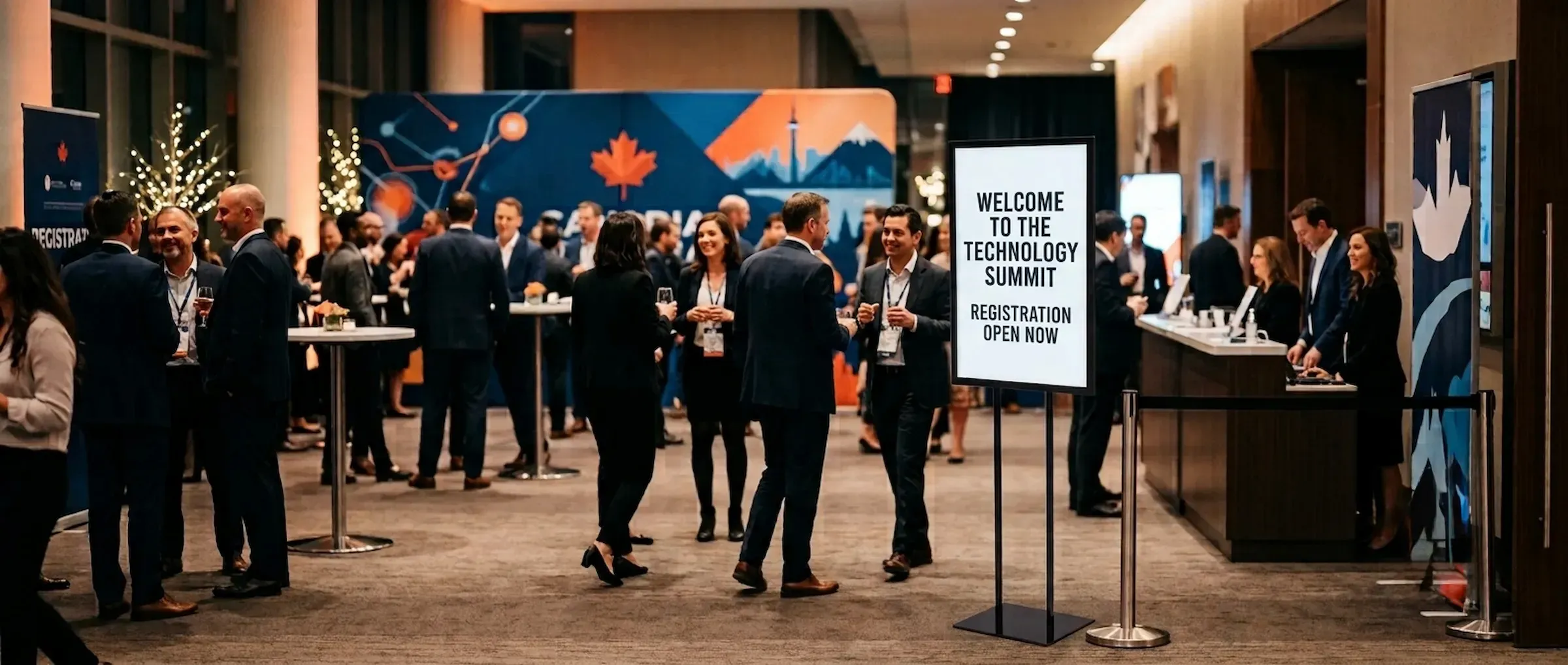 A printed welcome and registration panel carried in a black frame on two slim uprights at the edge of a conference reception, delegates in suits and lanyards talking around it